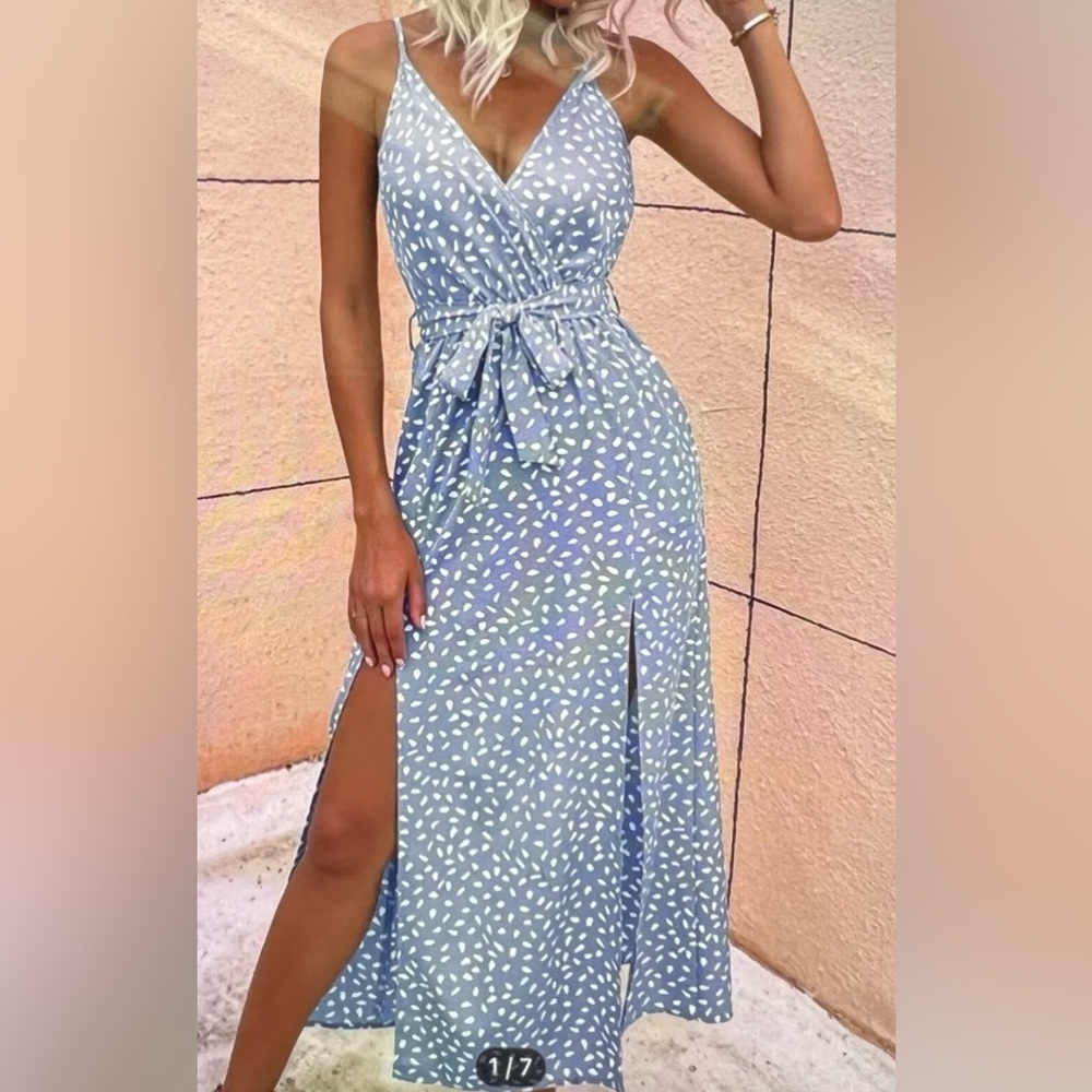 SHEIN Blue Tie Front Slit Maxi Dress